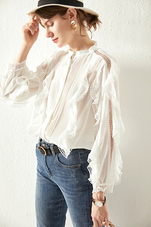 Blusa de Lino Francesa Elegante con Encaje - Diseño Sofisticado Efecto Adelgazante