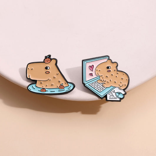 Cute capybara enamel brooch wearing a pink donut with sprinkles and "DONUT WORRY BE CAPPY" text. - Image 4