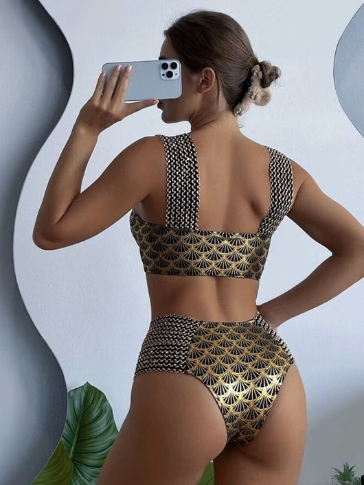 Women's high-waisted two-piece bronzing swimwear with black and gold art deco fan pattern and textured straps. - Image 13