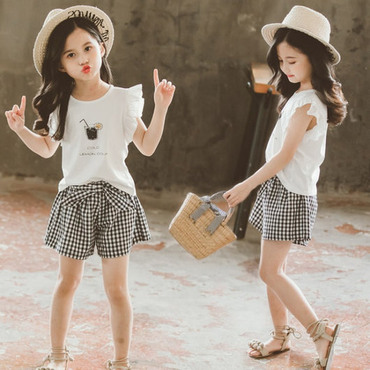 Conjunto Infantil Niña Estilo Coreano: Blusa Manga Corta y Short a Cuadros con Moño - Image 12