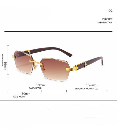 Frameless sunglasses with pink gradient lenses and dark brown wood-look temples with gold-tone accents. - Image 9