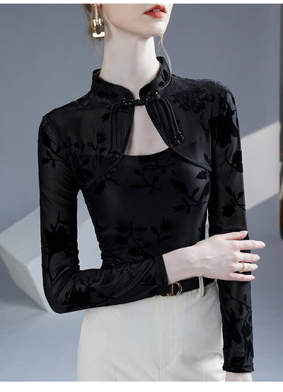Blusa Base Layer Qipao Ajustada con Cuello Mao y Jacquard - Image 8