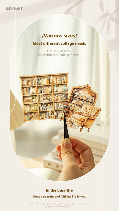 Set of 20 PET stickers featuring watercolor illustrations of cozy reading nooks, bookshelves, books, and related items. - Image 29
