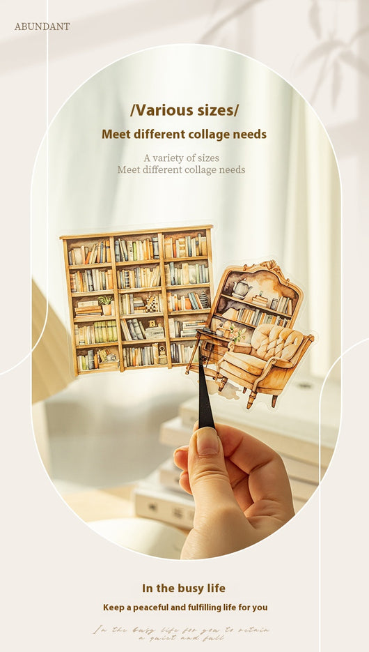 Set of 20 PET stickers featuring watercolor illustrations of cozy reading nooks, bookshelves, books, and related items. - Image 29