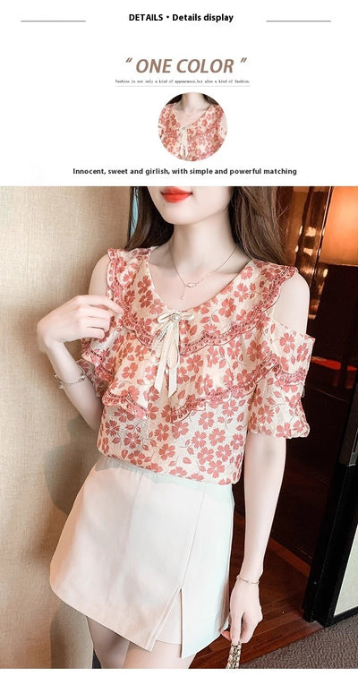 Blusa Chiffon Floral Hombro Descubierto - Camisa Romántica de Manga Corta - Image 11