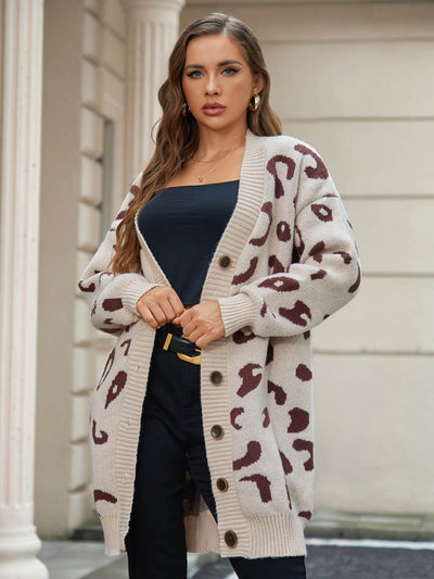 Abrigo Suéter de Leopardo Oversized Largo Medio para Mujer - Image 11