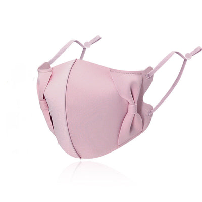 Light blue ice silk face mask with decorative bows on the sides and adjustable ear loops, shown on a white background. - Image 5