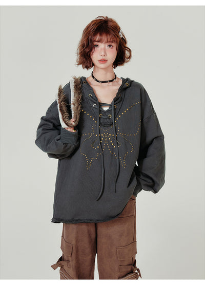 Sudadera Retro con Capucha Mujer - Cuello V Cordones y Remaches - Image 13