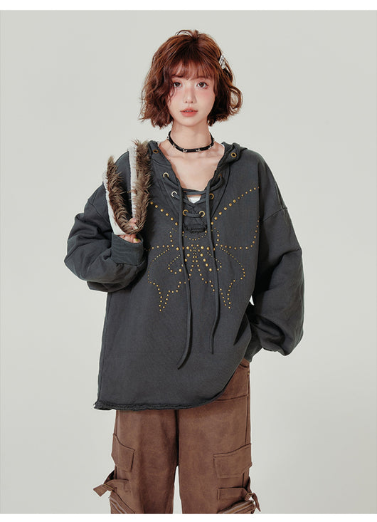 Sudadera Retro con Capucha Mujer - Cuello V Cordones y Remaches - Image 13