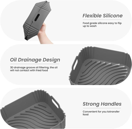 2 Pack Silicone Air Fryer Liners, Square Reusable Non-Stick Basket Inserts for 4-5 QT Air Fryers, Dishwasher Safe Parchment Paper Replacement Accessories Gray & Black - Tekeno
