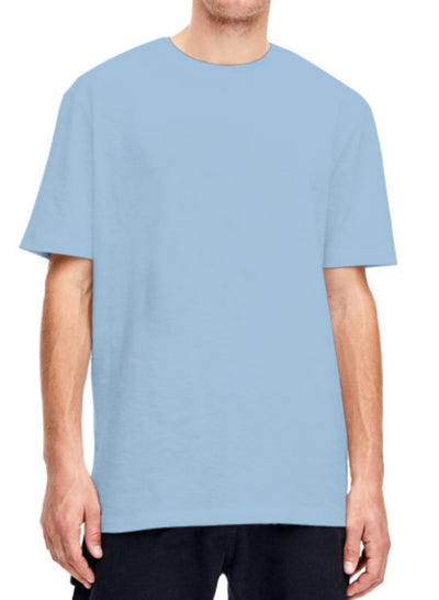 Plain light beige short-sleeved crew neck t-shirt made of cotton, shown on a model. - Image 14