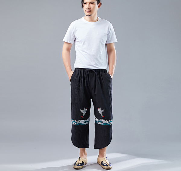 Pantalones Retro Estilo Chino con Grúas Dobles - Diseño Literario para Hombre