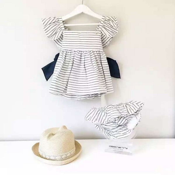 Conjunto de Vestido y Shorts para Bebé Niña con Diseño de Rayas y Lazo Princesa