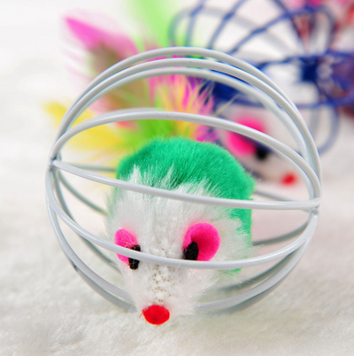 Four colorful wire cage mouse cat toys in green, white, blue, and red, designed for interactive pet play. - Image 6