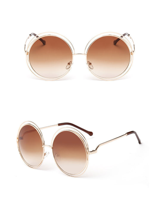 Round metal cutout sunglasses with silver mirrored lenses and a double-rimmed frame, shown from front and angled views. - Image 10