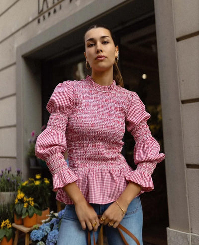 Blusa Ajustada con Pliegues y Estampado Cuadros para Mujer - Image 6