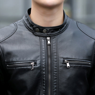 Chaqueta de Cuero PU Coreana Ajustada Cuello Mao - Image 3
