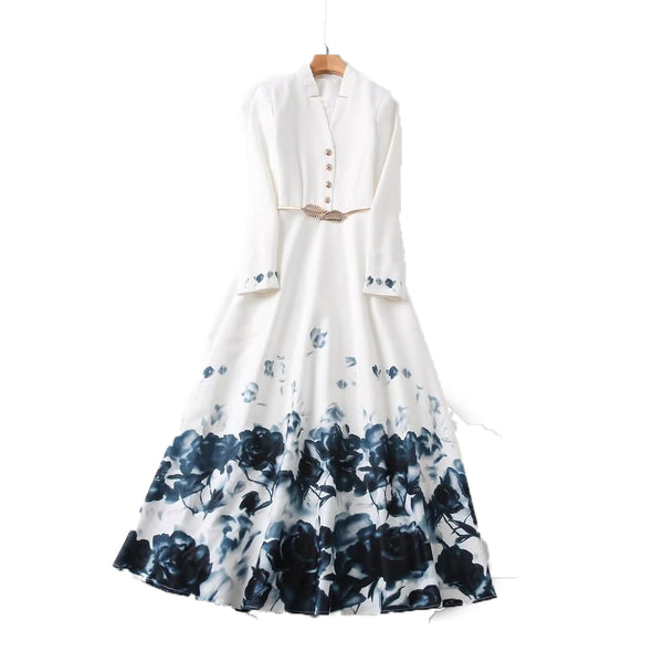Vestido Largo V-Escote Manga Larga con Estampado Acuarela Blanco - Image 5
