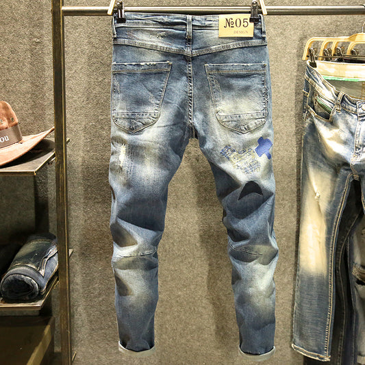 Pantalones Vaqueros Azules Rotos Hombre Marca Tide Parches Estilo Coreano - Image 2