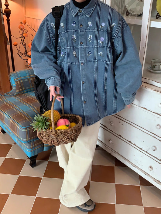 Camisa Denim Vintage Plisada Floral Lavado Clásico Manga Larga - Image 19