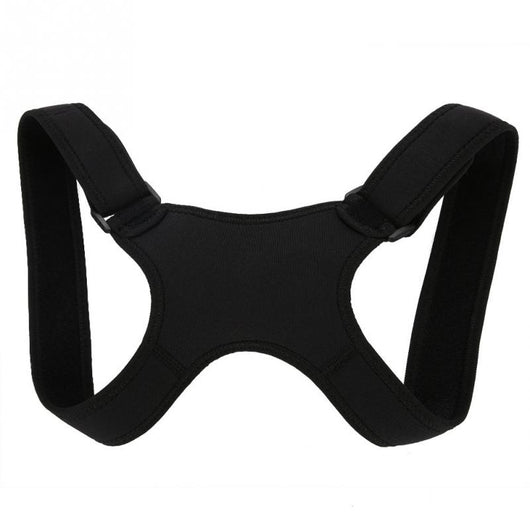 Black back shoulder spine posture corrector worn over a white long-sleeved shirt, showing adjustable straps. (2 pcs) - Image 3