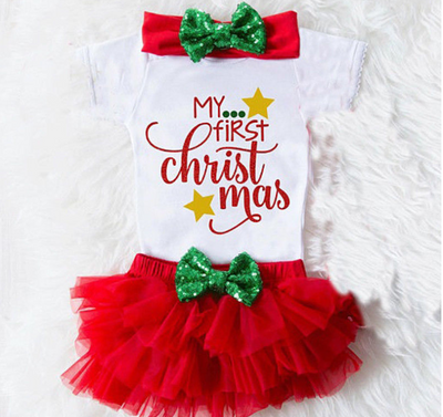 Conjunto de 3 Piezas Navideño: Shorts con Encaje y Diadema para Niña