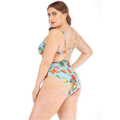 Plus size light blue one-piece swimsuit with tropical fruit and floral print, V-neck, and midriff cutout. - Image 5