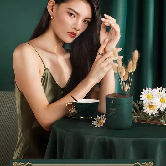 Dark green cylindrical humidifier with a black top, 300mL capacity, and a single control button. - Image 12