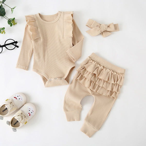 Conjunto de 3 Piezas Otoñal para Niña con Romper de Encaje y Diadema