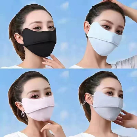 Light pink ice silk sun protection mask with ear loops and neck coverage, featuring small ventilation holes.