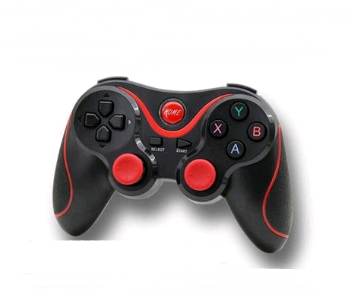 Black and red T3 Bluetooth wireless game controller with dual joysticks, D-pad, and action buttons.