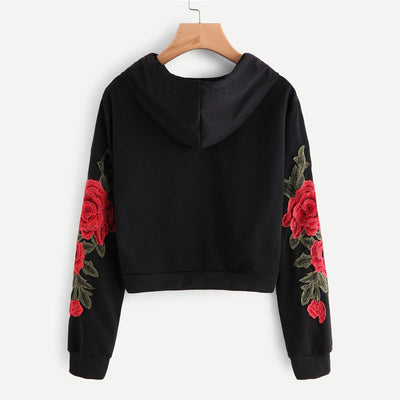 Sudadera Negra con Aplique de Rosa Bordada - Hoodie Casual Otoño para Mujer - Image 3