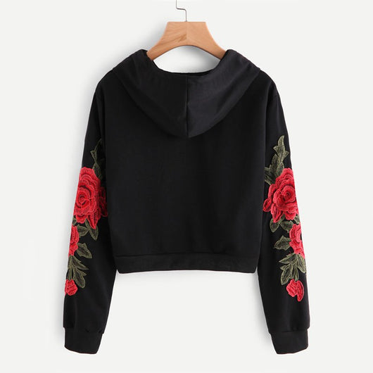 Sudadera Negra con Aplique de Rosa Bordada - Hoodie Casual Otoño para Mujer - Image 3