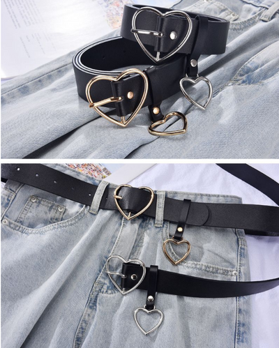 Black imitation leather belt with a silver heart-shaped pin buckle and a dangling heart charm. - Image 9