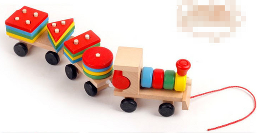 Wooden toy train with a locomotive and two carriages, each carrying colorful shape-sorting blocks. - Image 6