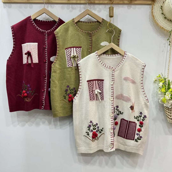 Chaleco Cardigan Mori Girl Bordado Estilo Retro Literario