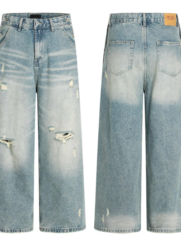 Jeans Rectos Holgados con Rotos Lavado Agua - Verano