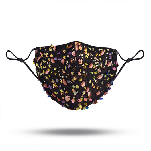 Black mesh face mask with colorful sequins, displayed on a mannequin with reddish-brown hair. - Image 9