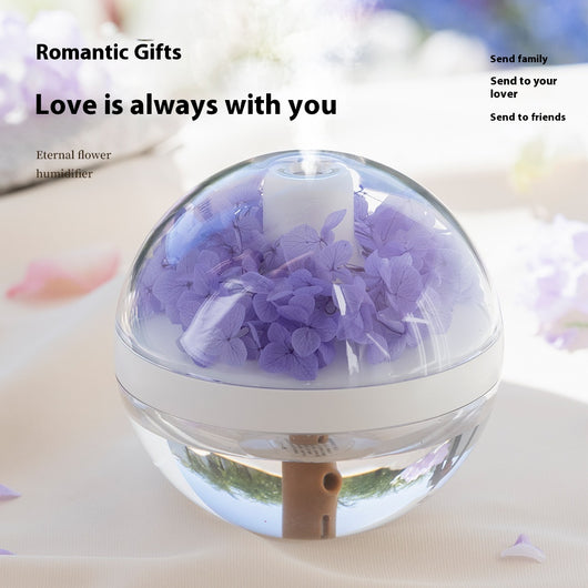 Pink round mini humidifier with clear dome, decorative pink flowers, and a light-up base, ideal for desktop or bedroom. - Image 4