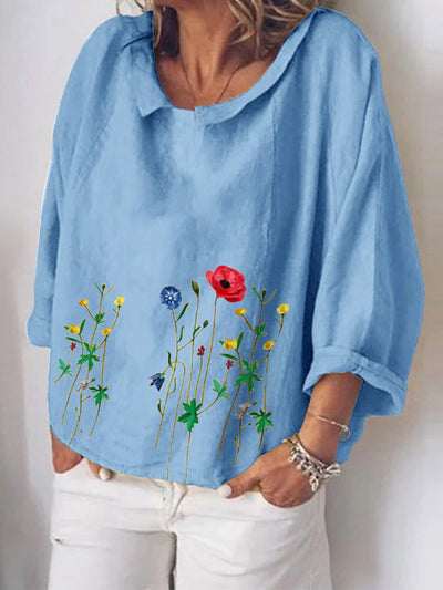 Blusa de Algodón y Lino con Bordado de Flores - Manga Larga Literaria - Image 13
