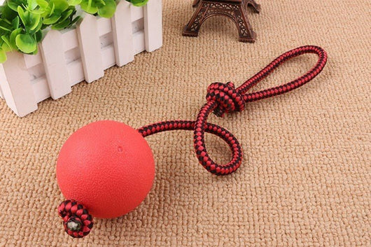 Red rubber dog ball with a red and black braided rope, featuring a knotted loop, on a light brown carpet. - Image 10