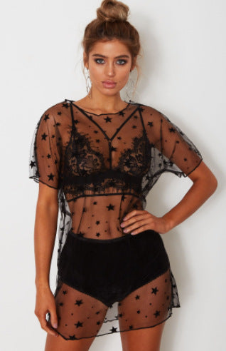Blusa de Malla Negra con Estrellas - Manga Corta Escote Redondo para Mujer - Image 3