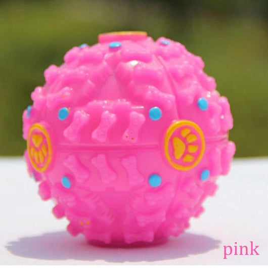 Black treat-dispensing dog toy ball with textured bone shapes, blue dots, and a yellow paw print logo. - Image 4
