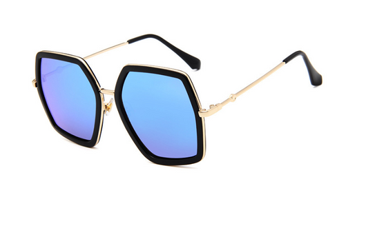 Vintage hexagonal sunglasses with black frames, silver mirrored lenses, and gold-colored metal arms. - Image 5