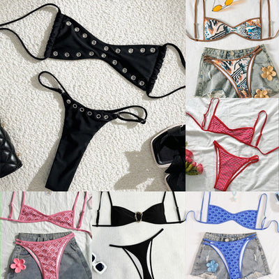 Black bandeau bikini swimsuit with thin straps and a gold-toned abstract ring detail on the top, paired with matching string bottoms.