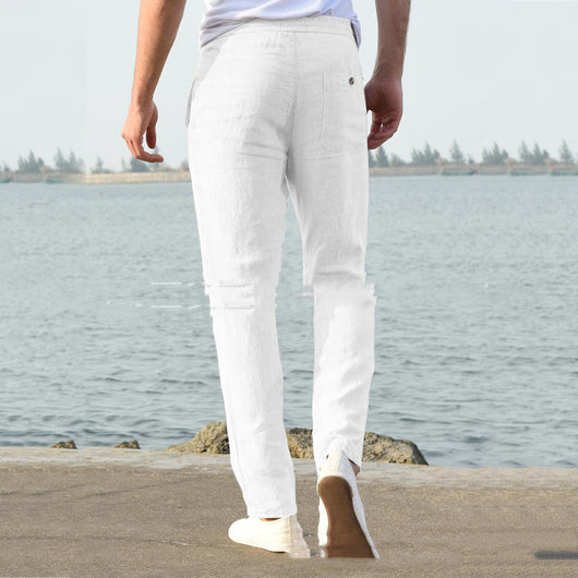 Pantalones de Lino y Algodón con Cintura Elástica Ajustable para Hombre