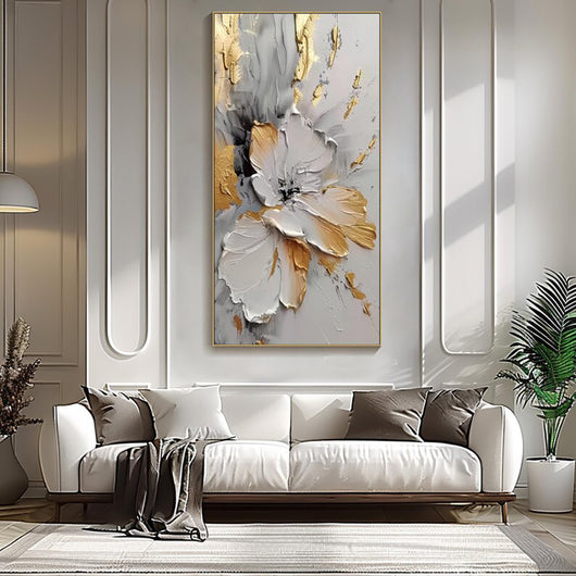 Cuadro Abstracto Moderno Flores Dorado y Blanco - Lienzo Óleo Artesanal sin Marco - Image 6