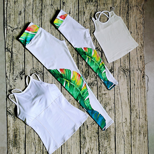 White parent-child yoga suit with tropical leaf print leggings and matching sleeveless tops. - Image 27