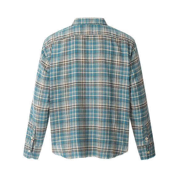 Camisa Polo Manga Larga Estilo Retro Americano a Cuadros con Borde Crudo