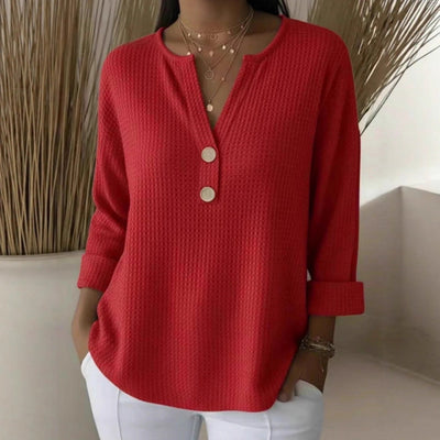 Blusa Suelta de Punto Waffle con Cuello V y Manga Larga - Image 3